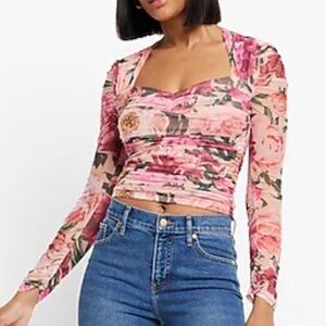 Express Pink and Green Floral Mesh Crop Top